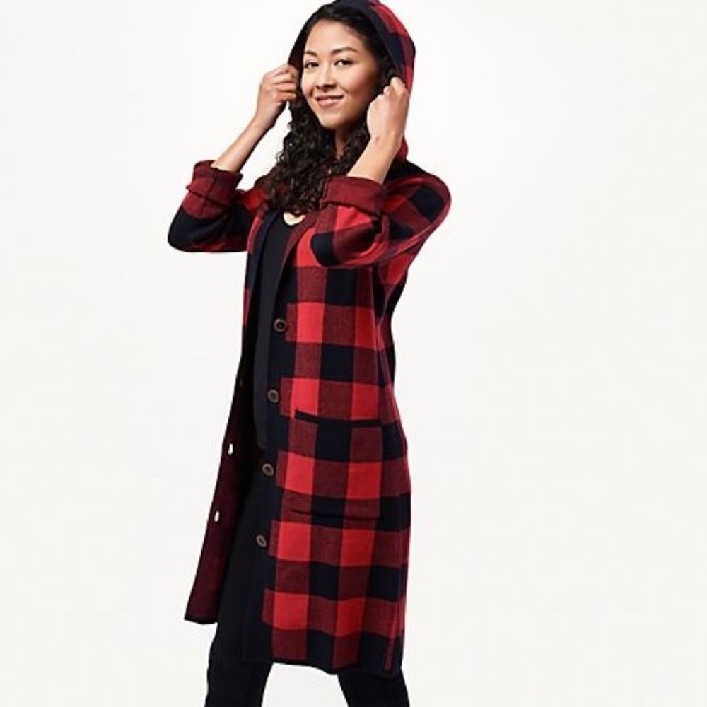 NWOT Women’s Red/Black Long Sleeve Hooded Plaid Button Jacket Denim & Co Sz 1X